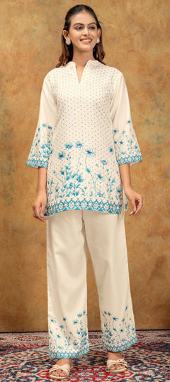 Green, White and Off White color Co-ords Set in Cotton fabric with Printed work