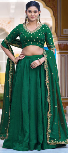 Green color Lehenga in Silk fabric with Embroidered, Sequence, Thread work
