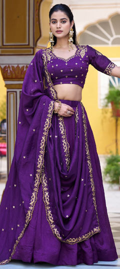 Purple and Violet color Lehenga in Silk fabric with Embroidered, Sequence, Thread work