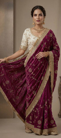 Purple and Violet color Saree in Tissue fabric with Border, Embroidered work