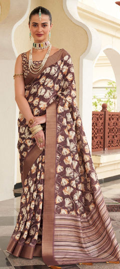 Beige and Brown color Saree in Dolla Silk fabric with Embroidered, Printed work