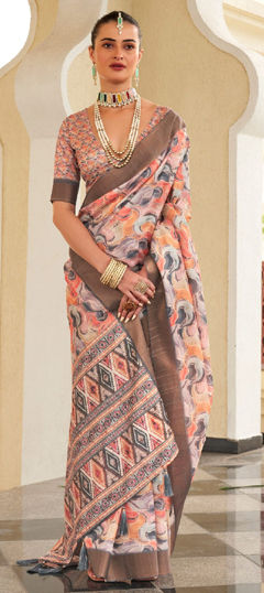 Orange color Saree in Dolla Silk fabric with Embroidered, Printed work