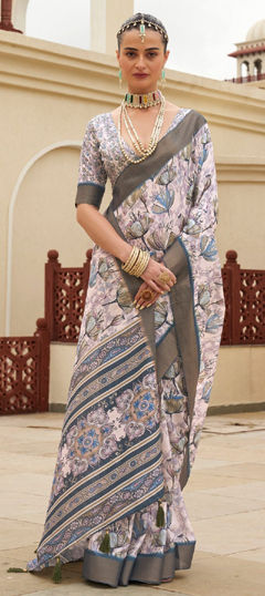 Black and Grey color Saree in Dolla Silk fabric with Embroidered, Printed work