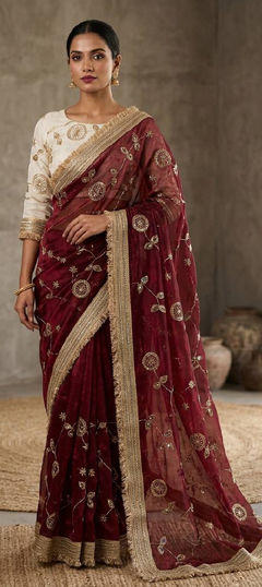 Red and Maroon color Saree in Tissue fabric with Border, Embroidered work
