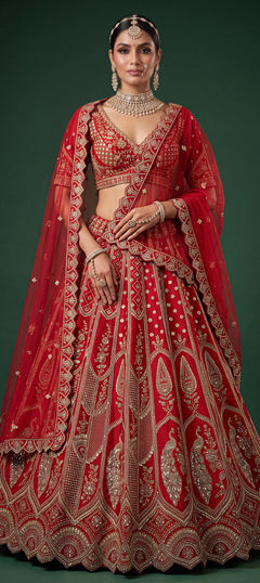 Red and Maroon color Lehenga in Silk fabric with Bugle Beads, Cut Dana, Sequence, Thread work