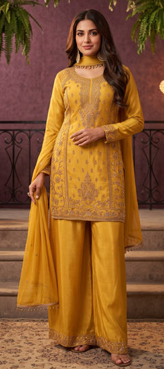 Yellow color Salwar Kameez in Chinon Silk fabric with Cut Dana work