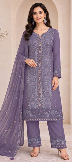 Purple and Violet color Salwar Kameez in Chiffon fabric with Embroidered, Sequence work