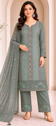 Green color Salwar Kameez in Chiffon fabric with Embroidered, Sequence work