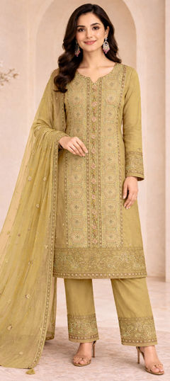 Yellow color Salwar Kameez in Chiffon fabric with Embroidered, Sequence work