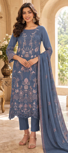 Blue color Salwar Kameez in Crushed Silk fabric with Embroidered work