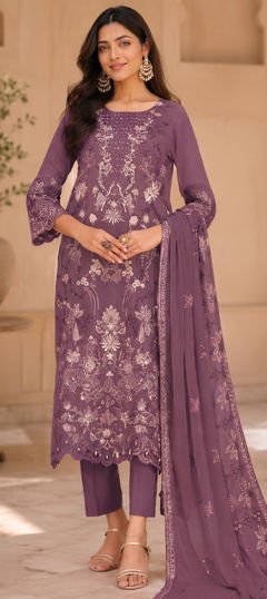 Purple and Violet color Salwar Kameez in Crushed Silk fabric with Embroidered work