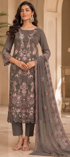 Black and Grey color Salwar Kameez in Crushed Silk fabric with Embroidered work