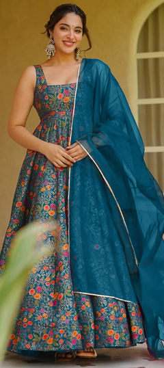Blue color Gown in Silk fabric with Digital Print work