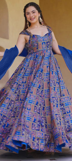 Blue color Gown in Silk fabric with Digital Print work