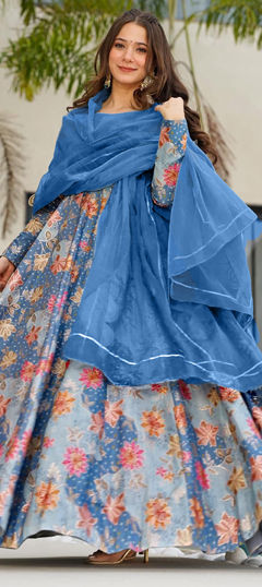 Blue color Gown in Silk fabric with Digital Print work