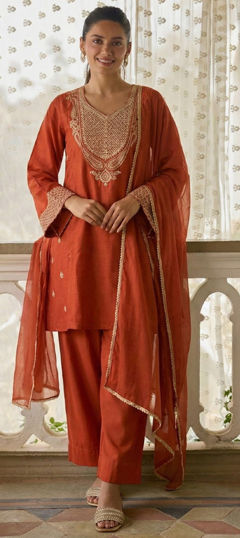 Beige and Brown color Salwar Kameez in Silk fabric with Embroidered, Sequence, Thread work