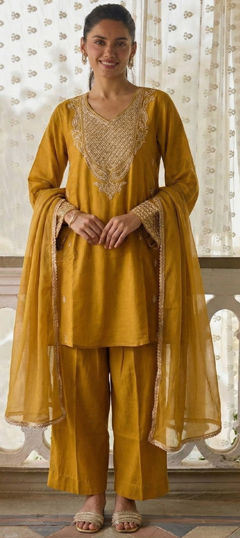 Yellow color Salwar Kameez in Silk fabric with Embroidered, Sequence, Thread work