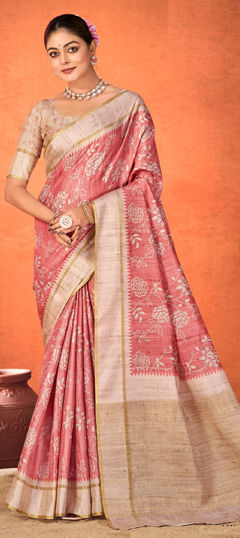 Pink and Majenta color Saree in Silk fabric with Printed, Weaving work