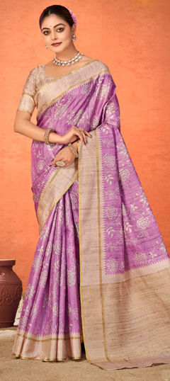 Purple and Violet color Saree in Silk fabric with Printed, Weaving work