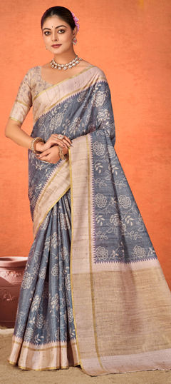 Blue color Saree in Silk fabric with Printed, Weaving work