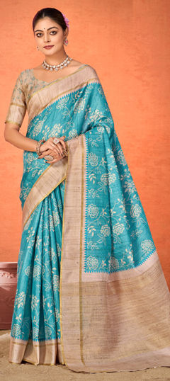 Blue color Saree in Silk fabric with Printed, Weaving work
