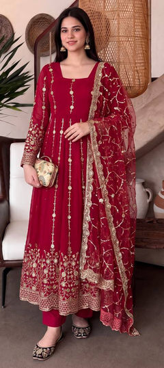 Red and Maroon color Salwar Kameez in Tissue fabric with Embroidered work