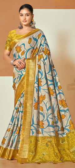Yellow color Saree in Silk fabric with Floral, Printed work