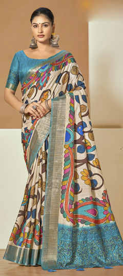 Blue color Saree in Silk fabric with Floral, Printed work