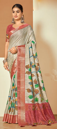 White and Off White color Saree in Silk fabric with Floral, Printed work