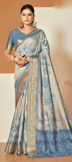 Blue color Saree in Silk fabric with Floral, Printed work