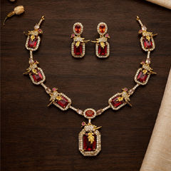 Gold Rodium Polish Red and Maroon color Necklace in Metal Alloy studded with Austrian diamond