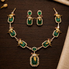 Gold Rodium Polish Green color Necklace in Metal Alloy studded with Austrian diamond