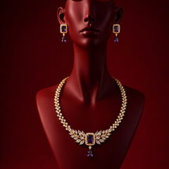 Gold Rodium Polish Purple and Violet color Necklace in Metal Alloy studded with CZ Diamond, Kundan