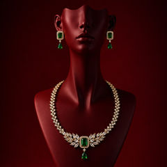 Gold Rodium Polish Green color Necklace in Metal Alloy studded with CZ Diamond, Kundan
