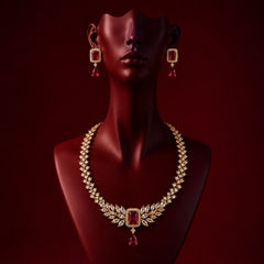 Gold Rodium Polish Red and Maroon color Necklace in Metal Alloy studded with CZ Diamond, Kundan
