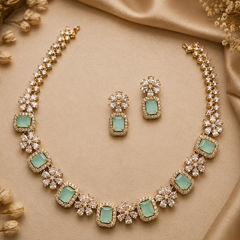 Gold Rodium Polish Green color Necklace in Metal Alloy studded with CZ Diamond