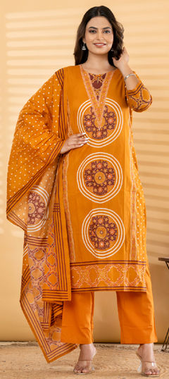 Beige and Brown color Salwar Kameez in Cotton fabric with Printed, Sequence work