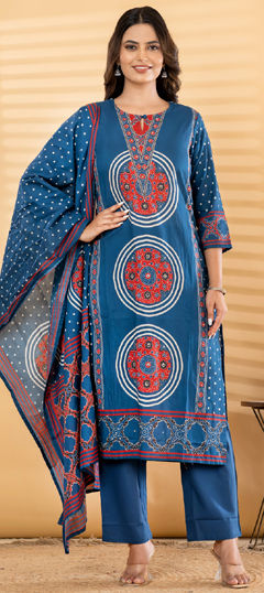 Blue color Salwar Kameez in Cotton fabric with Printed, Sequence work
