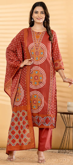 Red and Maroon color Salwar Kameez in Cotton fabric with Printed, Sequence work