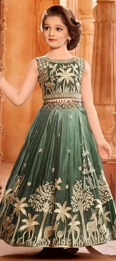 Green color Kids Lehenga in Chinon Silk fabric with Embroidered work