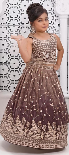 Beige and Brown color Kids Lehenga in Chinon Silk fabric with Embroidered work
