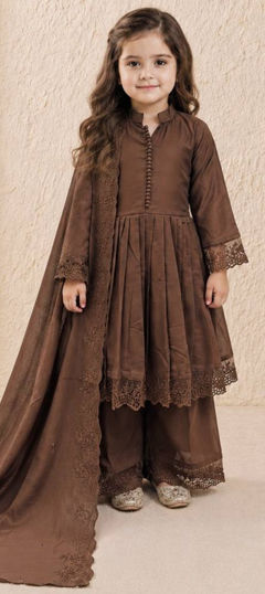 Beige and Brown color Kids Salwar in Roman Silk fabric with Embroidered, Sequence work
