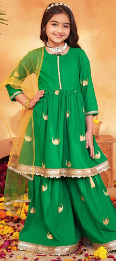 Green color Kids Salwar in Cotton fabric with Foil Print, Gota Patti work