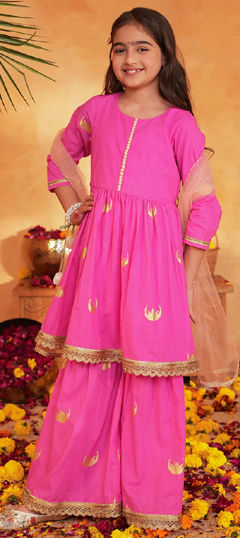 Pink and Majenta color Kids Salwar in Cotton fabric with Foil Print, Gota Patti work