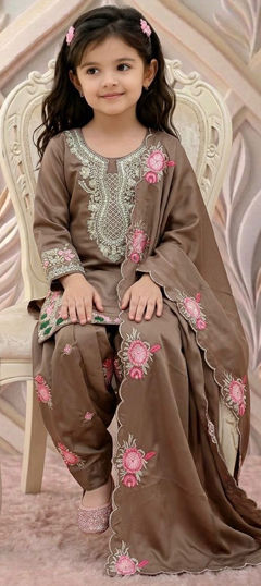 Beige and Brown color Kids Salwar in Crepe Silk fabric with Embroidered, Sequence work