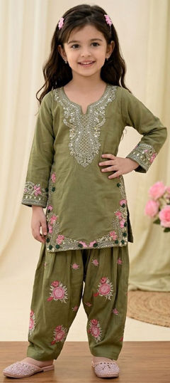Green color Kids Salwar in Crepe Silk fabric with Embroidered, Sequence work