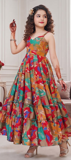Multicolor color Girls Gown in Rayon fabric with Digital Print work