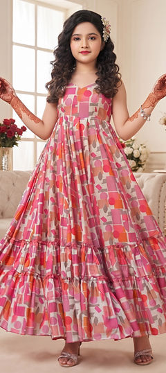Pink and Majenta color Girls Gown in Rayon fabric with Digital Print work