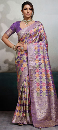 Purple and Violet color Saree in Satin Silk fabric with Stone, Weaving, Zari work