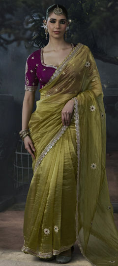 Green color Saree in Tissue fabric with Border, Embroidered, Sequence, Stone, Thread work